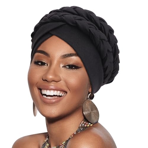 DRESHOW Afrikanischer Damen Turban Doppelt Geflecht Kopfbedeckung Kopftücher Chemo Kappe Vorgebunden Beanie Mütze Kopfwickel Schlafmütze von DRESHOW