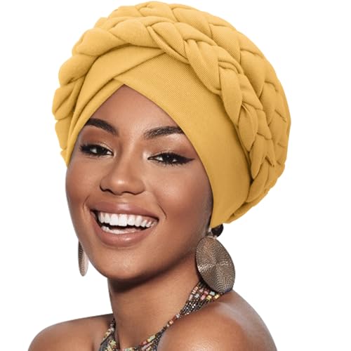 DRESHOW Afrikanischer Damen Turban Doppelt Geflecht Kopfbedeckung Kopftücher Chemo Kappe Vorgebunden Beanie Mütze Kopfwickel Schlafmütze von DRESHOW