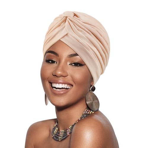 DRESHOW Afrikanischer Damen Turban Weicher Turbane Chemo Kopfwickel Kopfbedeckung Plissierte Beanie Mütze Haarausfall-Hut von DRESHOW