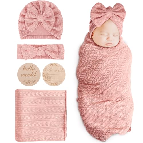 DRESHOW Baby Pucktuch Baby Decke Neugeborenen Swaddle Pucksack mit Baby Bogen Mütze Stirnband von DRESHOW