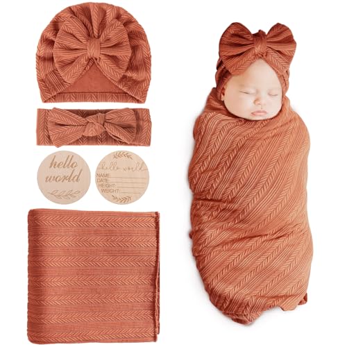 DRESHOW Baby Pucktuch Baby Decke Neugeborenen Swaddle Pucksack mit Baby Bogen Mütze Stirnband von DRESHOW