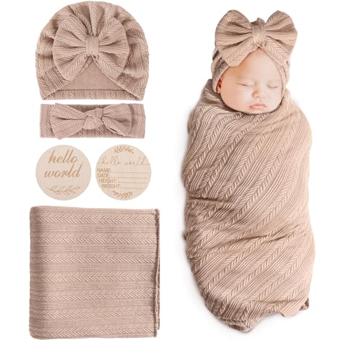DRESHOW Baby Pucktuch Baby Decke Neugeborenen Swaddle Pucksack mit Baby Bogen Mütze Stirnband von DRESHOW
