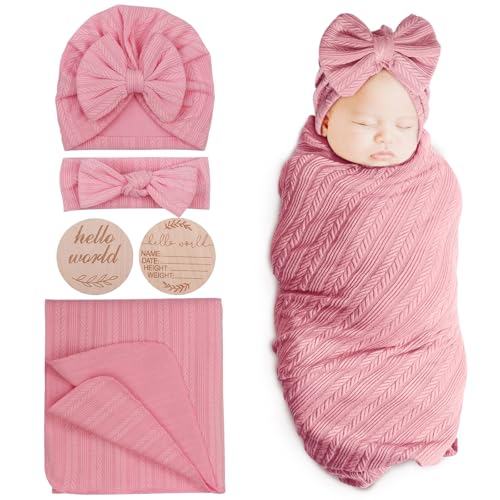 DRESHOW Baby Pucktuch Baby Decke Neugeborenen Swaddle Pucksack mit Baby Bogen Mütze Stirnband von DRESHOW
