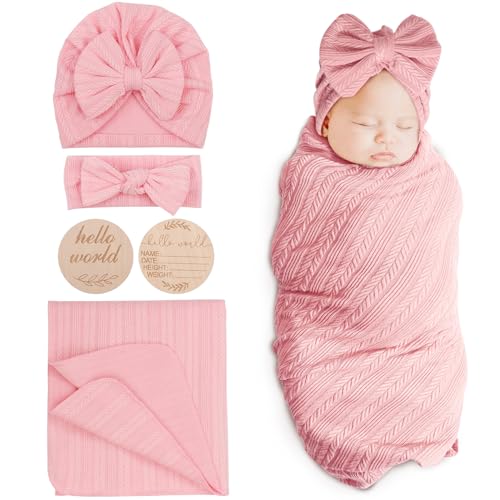 DRESHOW Baby Pucktuch Baby Decke Neugeborenen Swaddle Pucksack mit Baby Bogen Mütze Stirnband von DRESHOW