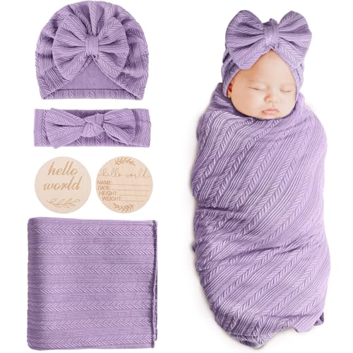 DRESHOW Baby Pucktuch Baby Decke Neugeborenen Swaddle Pucksack mit Baby Bogen Mütze Stirnband von DRESHOW