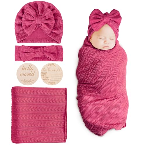 DRESHOW Baby Pucktuch Baby Decke Neugeborenen Swaddle Pucksack mit Baby Bogen Mütze Stirnband von DRESHOW