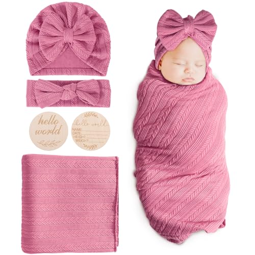 DRESHOW Baby Pucktuch Baby Decke Neugeborenen Swaddle Pucksack mit Baby Bogen Mütze Stirnband von DRESHOW
