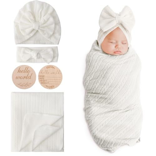 DRESHOW Baby Pucktuch Baby Decke Neugeborenen Swaddle Pucksack mit Baby Bogen Mütze Stirnband von DRESHOW