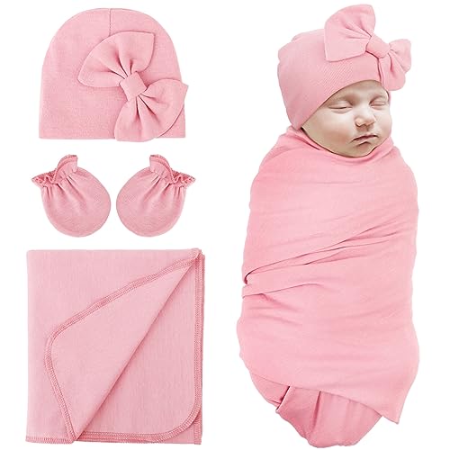DRESHOW Baby Pucktuch Baby Decke Neugeborenen Swaddle Pucksack mit Baby Fäustlingen Bogen Mütze von DRESHOW