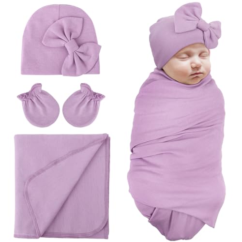 DRESHOW Baby Pucktuch Neugeborenen Swaddle Pucksack mit Baby Fäustlingen Bogen Mütze für Babys und ihre Eltern/Pflegepersonen von DRESHOW