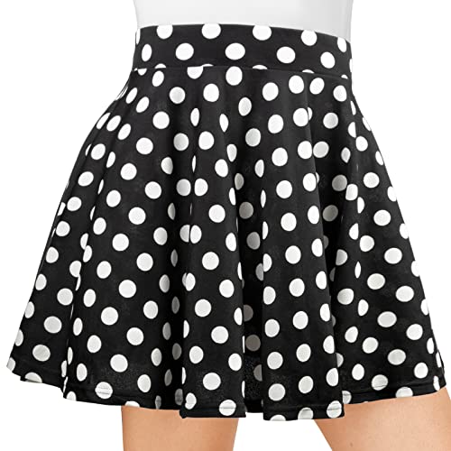 DRESHOW Basic Solid Stretchy Flared Beiläufige Mini Skater-rock für Damen Mädchen, Größe: M, Farbe: Schwarz/Punkt Weiß von DRESHOW