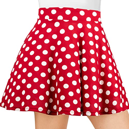 DRESHOW Basic Solid Stretchy Flared Beiläufige Mini Skater-rock für Damen Mädchen, Größe: XS, Farbe: Rot/Punkt Weiß von DRESHOW