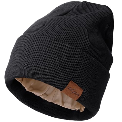 DRESHOW Beanie Mütze für Damen Herren Warme Wintermütze mit Weichem Satin Gefütterte Unisex Dehnbar Mütze mit Bündchen Strickmütze von DRESHOW