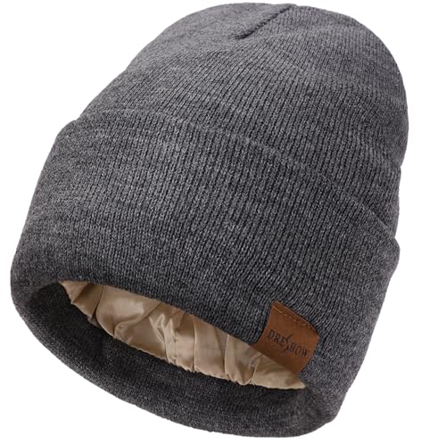 DRESHOW Beanie Mütze für Damen Herren Warme Wintermütze mit Weichem Satin Gefütterte Unisex Dehnbar Mütze mit Bündchen Strickmütze von DRESHOW