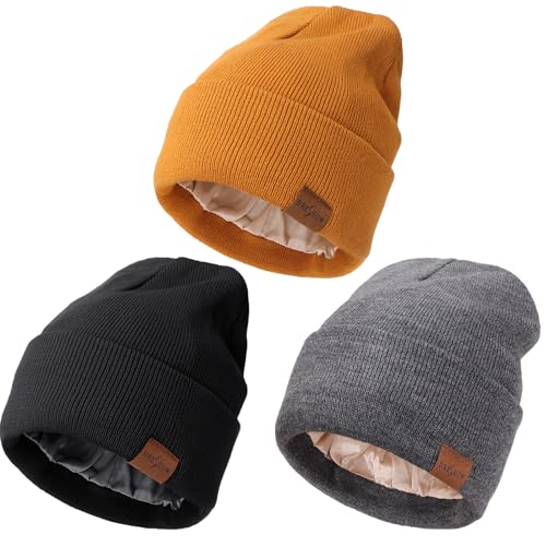 DRESHOW Beanie Mütze für Damen Herren Warme Wintermütze mit Weichem Satin Gefütterte Unisex Dehnbar Mütze mit Bündchen Strickmütze von DRESHOW