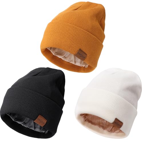DRESHOW Beanie Mütze für Damen Herren Warme Wintermütze mit Weichem Satin Gefütterte Unisex Dehnbar Mütze mit Bündchen Strickmütze von DRESHOW