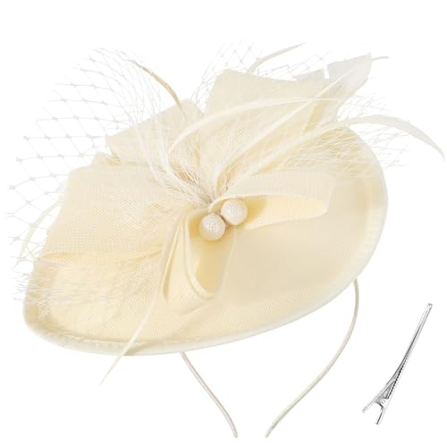 DRESHOW Blume mit Einzelnem Pfeil Feder Fascinators Hut Stirnband und Eine Gegabelte Clip Braut Kopfbedeckung Derby Fascinator Pillbox Hut Kopfschmuck für Mädchen & Damen von DRESHOW