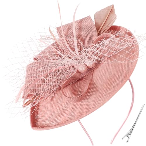 DRESHOW Blume mit Einzelnem Pfeil Feder Fascinators Hut Stirnband und Eine Gegabelte Clip Braut Kopfbedeckung Derby Fascinator Pillbox Hut Kopfschmuck für Mädchen & Damen von DRESHOW