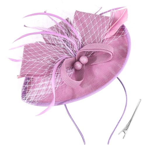 DRESHOW Blume mit Einzelnem Pfeil Feder Fascinators Hut Stirnband und Eine Gegabelte Clip Braut Kopfbedeckung Derby Fascinator Pillbox Hut Kopfschmuck für Mädchen & Damen von DRESHOW