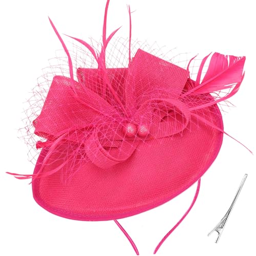 DRESHOW Blume mit Einzelnem Pfeil Feder Fascinators Hut Stirnband und Eine Gegabelte Clip Braut Kopfbedeckung Derby Fascinator Pillbox Hut Kopfschmuck für Mädchen & Damen von DRESHOW