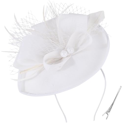 DRESHOW Blume mit Einzelnem Pfeil Feder Fascinators Hut Stirnband und Eine Gegabelte Clip Braut Kopfbedeckung Derby Fascinator Pillbox Hut Kopfschmuck für Mädchen & Damen von DRESHOW