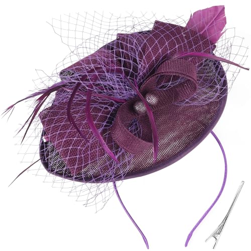 DRESHOW Blume mit Einzelnem Pfeil Feder Fascinators Hut Stirnband und Eine Gegabelte Clip Braut Kopfbedeckung Derby Fascinator Pillbox Hut Kopfschmuck für Mädchen & Damen von DRESHOW