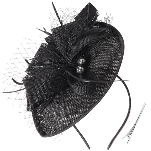 DRESHOW Blume mit Einzelnem Pfeil Feder Fascinators Hut Stirnband und Eine Gegabelte Clip Braut Kopfbedeckung Derby Fascinator Pillbox Hut Kopfschmuck für Mädchen & Damen von DRESHOW