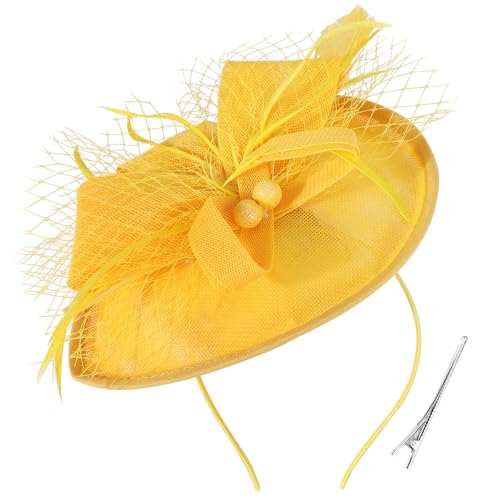 DRESHOW Blume mit Einzelnem Pfeil Feder Fascinators Hut Stirnband und Eine Gegabelte Clip Braut Kopfbedeckung Derby Fascinator Pillbox Hut Kopfschmuck für Mädchen & Damen von DRESHOW