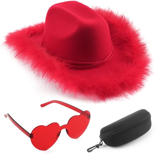 DRESHOW Cowboyhut Damen mit Feder Cowgirlhut mit Herzbrille Brillenetui Set Flauschige Westernhut Cowgirl Hüte Cowboy Kostüm Accessoires für Party Halloween Karnevalsfeiertage von DRESHOW