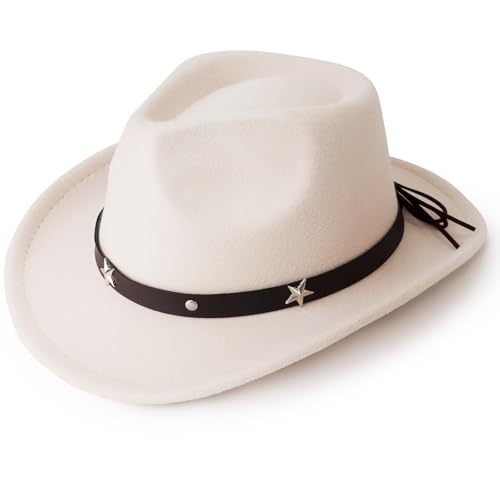 DRESHOW Cowboyhut Kinder Jungen Mädchen Fedora Hut Western mit Schnalle Gürtel Retro Panama Hüte Unisex Aufgerollte Mützen 4-12 Jahre von DRESHOW