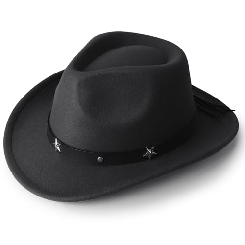 DRESHOW Cowboyhut Kinder Jungen Mädchen Fedora Hut Western mit Schnalle Gürtel Retro Panama Hüte Unisex Aufgerollte Mützen 4-12 Jahre von DRESHOW