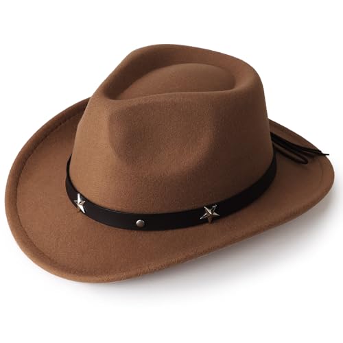 DRESHOW Cowboyhut Kinder Jungen Mädchen Fedora Hut Western mit Schnalle Gürtel Retro Panama Hüte Unisex Aufgerollte Mützen 4-12 Jahre von DRESHOW