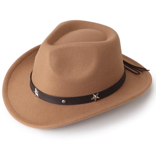 DRESHOW Cowboyhut Kinder Jungen Mädchen Fedora Hut Western mit Schnalle Gürtel Retro Panama Hüte Unisex Aufgerollte Mützen 4-12 Jahre von DRESHOW