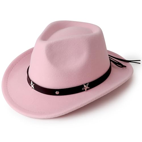 DRESHOW Cowboyhut Kinder Jungen Mädchen Fedora Hut Western mit Schnalle Gürtel Retro Panama Hüte Unisex Aufgerollte Mützen 4-12 Jahre von DRESHOW