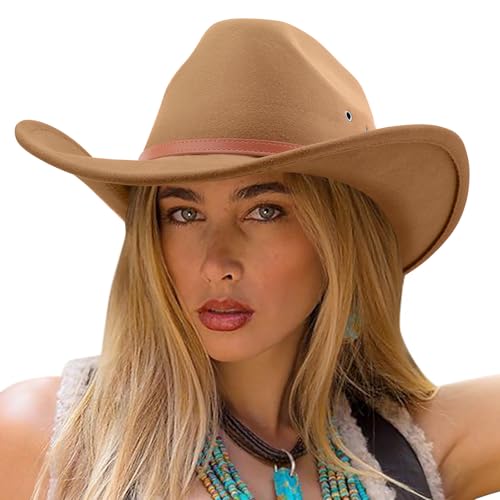 DRESHOW Cowboyhut für Damen & Herren Viehzüchter Western Fedora Filzhut Cowgirlhut mit Breite Krempe und Schnallengürtel Unisex Aufrollbare Krempe Hut von DRESHOW