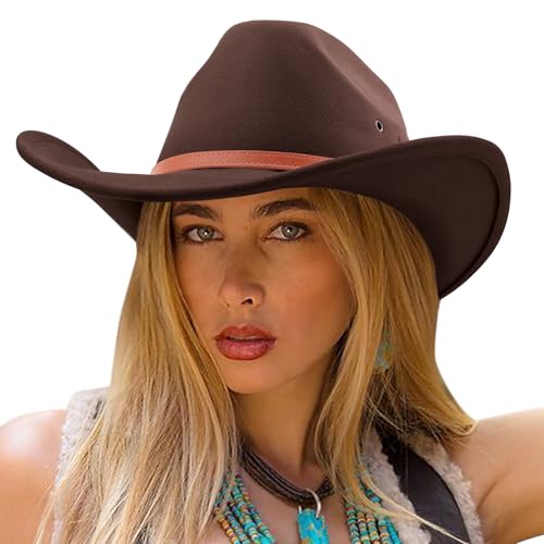 DRESHOW Cowboyhut für Damen & Herren Viehzüchter Western Fedora Filzhut Cowgirlhut mit Breite Krempe und Schnallengürtel Unisex Aufrollbare Krempe Hut von DRESHOW