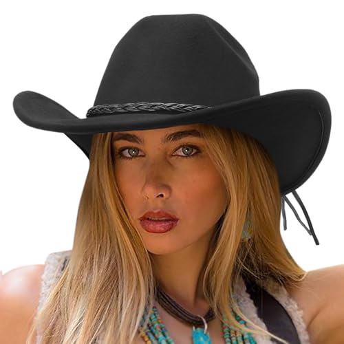DRESHOW Cowboyhut für Damen & Herren Viehzüchter Western Fedora Filzhut Cowgirlhut mit Breite Krempe und Schnallengürtel Unisex Aufrollbare Krempe Hut von DRESHOW