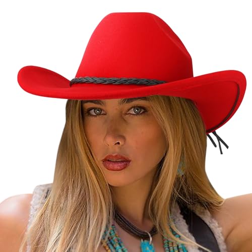 DRESHOW Cowboyhut für Damen & Herren Viehzüchter Western Fedora Filzhut Cowgirlhut mit Breite Krempe und Schnallengürtel Unisex Aufrollbare Krempe Hut von DRESHOW