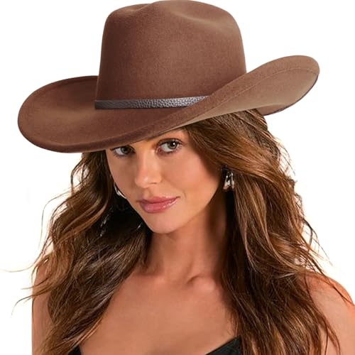 DRESHOW Cowboyhut für Damen & Herren Viehzüchter Western Filzhut Cowgirlhut mit Formbarer Breite Krempe und Schnallengürtel Unisex Aufrollbare Krempe Hut von DRESHOW