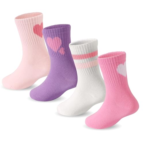DRESHOW Crew Socken Mädchen Sportliche Kinder Socken Mit Herzen Gestreift 4 Paar für Kinder 4-7 Jahre von DRESHOW