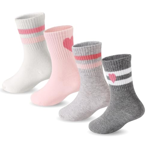 DRESHOW Crew Socken Mädchen Sportliche Kinder Socken Mit Herzen Gestreift 4 Paar für Kinder 7-10 Jahre von DRESHOW