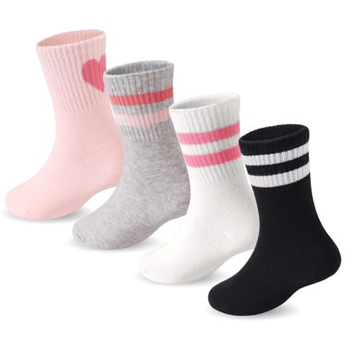 DRESHOW Crew Socken Mädchen Sportliche Kinder Socken Mit Herzen Gestreift 4 Paar für Kinder 7-10 Jahre von DRESHOW