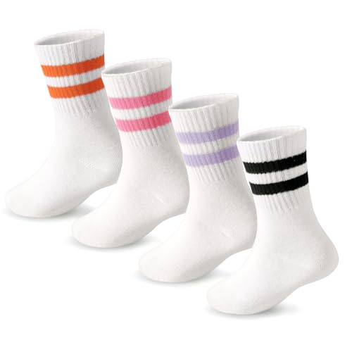 DRESHOW Crew Socken Mädchen Sportliche Kinder Socken Mit Herzen Gestreift 4 Paar für Kinder 7-10 Jahre von DRESHOW