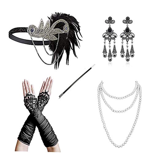 DRESHOW Damen 1920er Accessoires Set Flapper Kostüm Gatsby Feder Lange Halskette Handschuhe Stirnband Funkelnde Ohrringe von DRESHOW