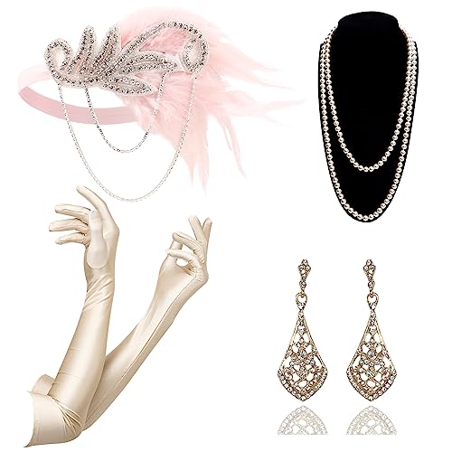 DRESHOW Damen 1920er Accessoires Set Flapper Kostüm Gatsby Feder Lange Halskette Handschuhe Stirnband Funkelnde Ohrringe von DRESHOW