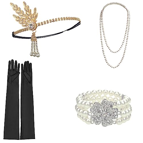 DRESHOW Damen 1920er Accessoires Set Flapper Kostüm Gatsby Feder Lange Halskette Handschuhe Stirnband Funkelnde Ohrringe von DRESHOW