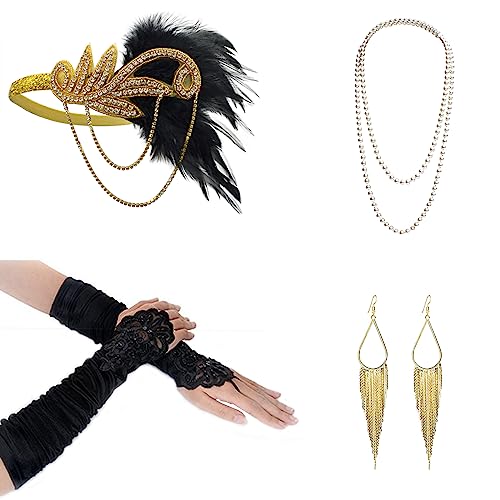 DRESHOW Damen 1920er Accessoires Set Flapper Kostüm Gatsby Feder Lange Halskette Handschuhe Stirnband Funkelnde Ohrringe von DRESHOW