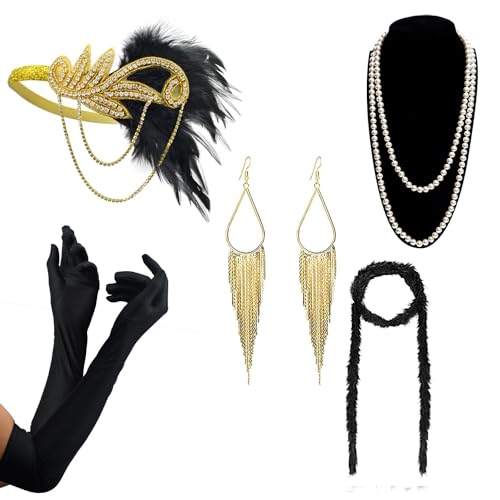 DRESHOW Damen 1920er Accessoires Set Flapper Kostüm Gatsby Feder Lange Halskette Handschuhe Stirnband Funkelnde Ohrringe von DRESHOW