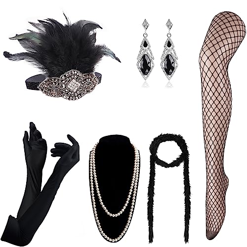 DRESHOW Damen 1920er Accessoires Set Flapper Kostüm Gatsby Feder Lange Halskette Handschuhe Stirnband Funkelnde Ohrringe von DRESHOW