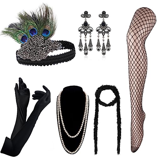 DRESHOW Damen 1920er Accessoires Set Flapper Kostüm Gatsby Feder Lange Halskette Handschuhe Stirnband Funkelnde Ohrringe DRESHOW Damen 1920er Accessoires Set Flapper Kostüm Gatsby Feder Lange Halskette Handschuhe Stirnband Funkelnde Ohrringe von DRESHOW